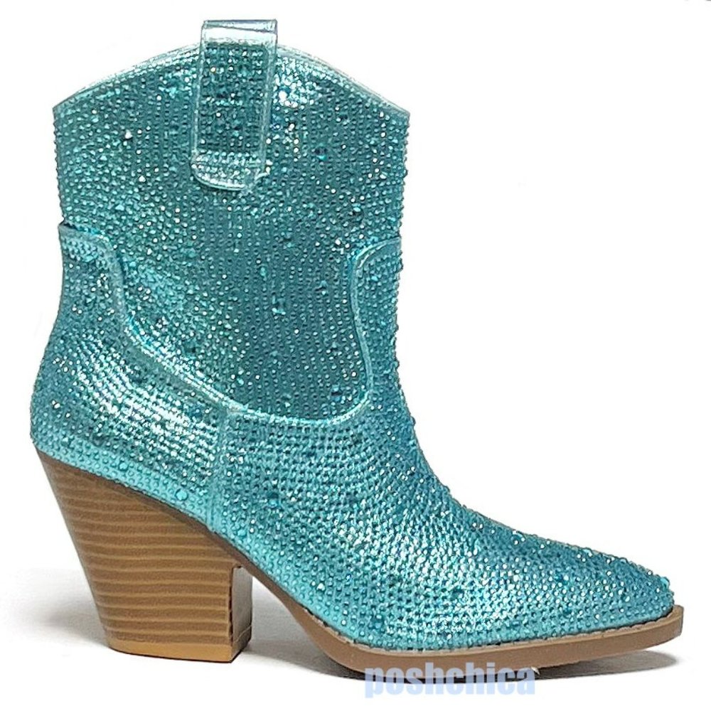 New Light Blue Rhinestone Blingy Western Cowboy Ankle Boots Booties - Picture 2 of 7